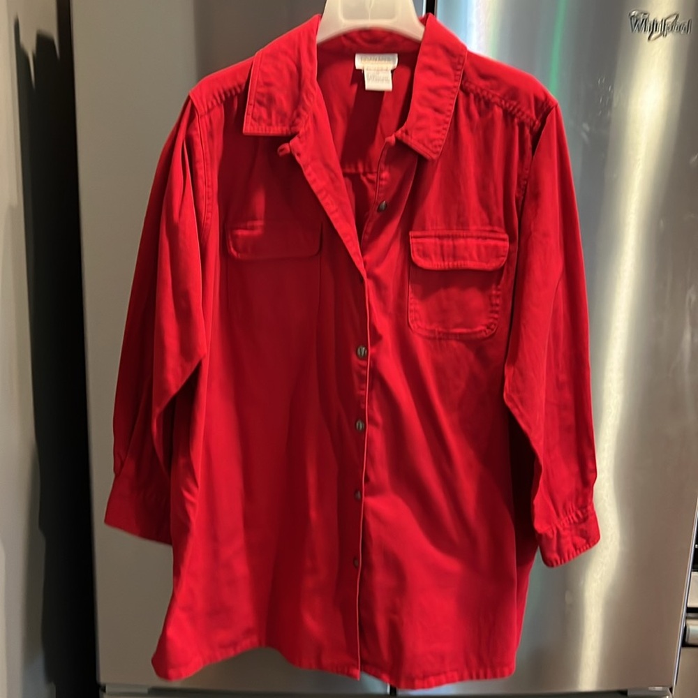 Roaman’s RED COTTON Button Up shirt COLLARED LONG cotton JACKET flap pockets 1XL